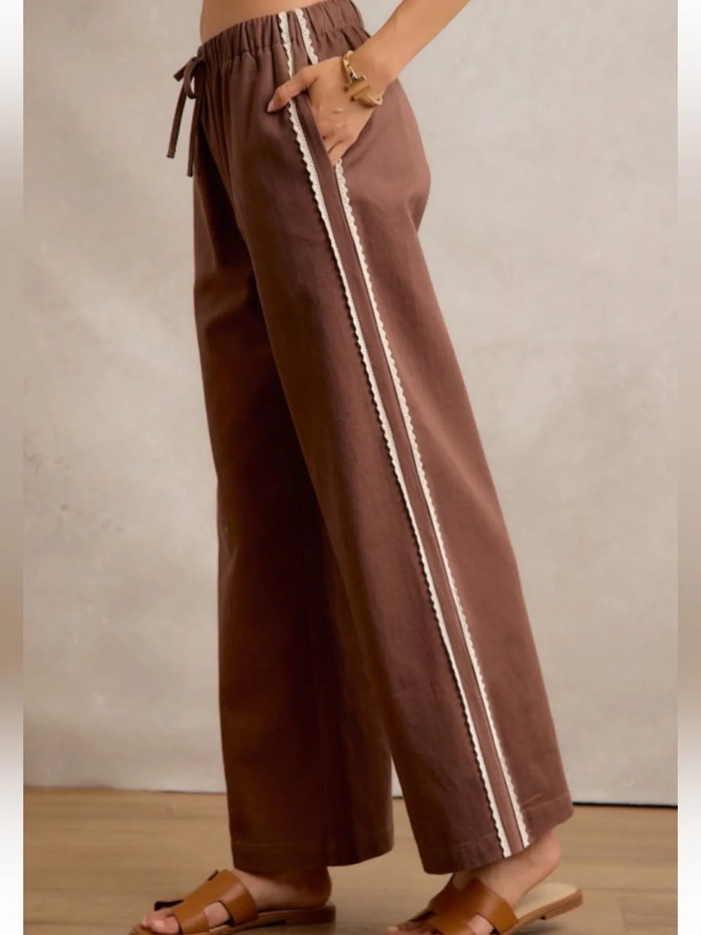 Wide Leg Cotton Lace Trim Elastic Waist Brown Pockets Boho Relaxed Fit Pants